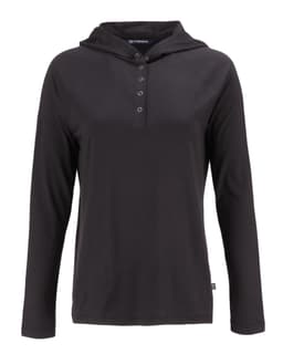 A black hooded shirt with a button-up neckline and long sleeves, featuring a logo on the hem.