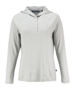 A light grey hooded shirt featuring a buttoned placket and long sleeves, with a logo on the label.