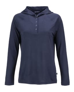 A navy blue hooded shirt for ladies with long sleeves and a button-up neckline. Includes a logo.