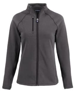 A grey eco fleece full zip jacket for women featuring a zippered chest pocket and a branded logo.