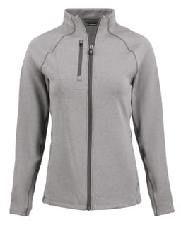 A grey eco fleece full zip jacket for ladies with a zippered chest pocket and a logo on the front.