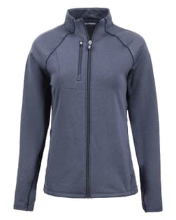 A full zip fleece jacket in navy blue, featuring a high collar and a zippered chest pocket. Includes a logo.