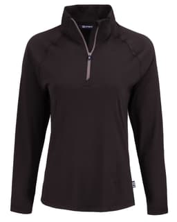 A ladies' quarter zip top in black with long sleeves and a mock collar, featuring a logo.