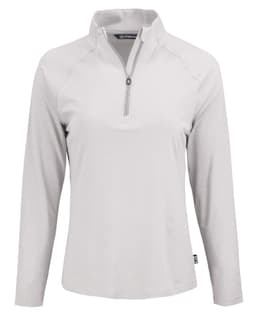 A light grey quarter-zip long sleeve top with a stand collar and a subtle logo at the hem.
