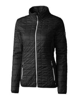 A black ladies' rain jacket featuring a zip front, quilted design, and side pockets. It has a logo on one sleeve.