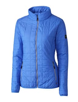 A blue ladies rain jacket featuring a zip front, high collar, and side pockets, with a logo on the sleeve.