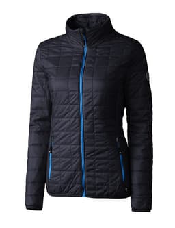 A black ladies' rain jacket with blue zippers and a high collar, featuring two zipped pockets and a logo.