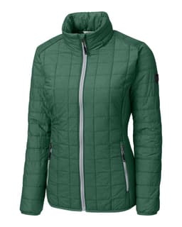 A green, quilted ladies' rain jacket featuring a high collar and zippered front pockets, with a logo on the sleeve.