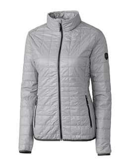 A light grey rain jacket with a fitted design, featuring a zipper and side pockets, and a small logo on the sleeve.