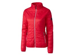 A red ladies rain jacket features a zip front, high collar, and is styled with a logo on the sleeve.