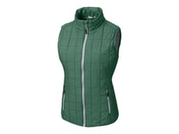 A green ladies' vest featuring a quilted design, zip front, and pockets. The vest has a branding logo.