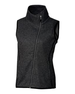 A sleeveless grey vest with a high collar and front zipper, featuring a contrasting trim and a logo.