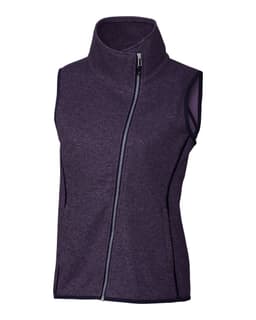 A purple sleeveless vest with a high collar and a front zipper, featuring a logo on the side.
