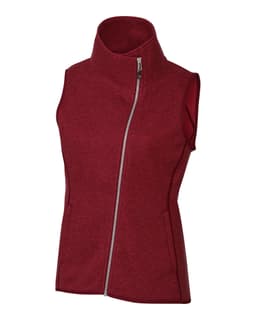 A red ladies' vest with a high collar and a zip front, featuring a fitted design and contrasting inner lining.