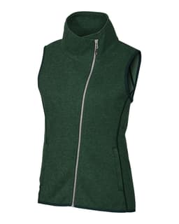 A green sleeveless vest with a high collar and zippered front, featuring pockets on the sides.
