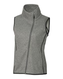 A grey ladies' vest featuring a high collar and zip front, with contrasting black accents and a logo.