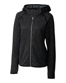 A charcoal grey hooded jacket with zip fastening and contrasting black trim. It features a logo on the garment.