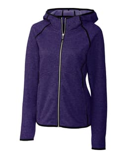 A purple hooded jacket with a zip front, featuring contrasting black seams and a logo on the chest.