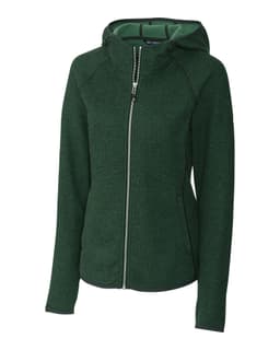 A green hooded jacket with a zip front and fitted design, featuring a logo on the chest.