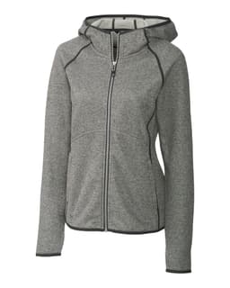 A grey hooded jacket with a full zipper, featuring a fitted design and contrasting trim. It includes a logo on the garment.