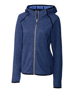 A ladies' hooded jacket in blue, featuring a zip front and contrasting inner lining, with a logo on the side.