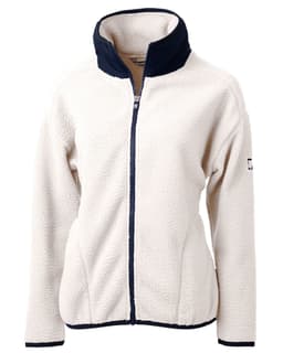 A cream-coloured eco-friendly Sherpa jacket with a navy collar, featuring a logo on the sleeve.