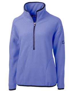 A light purple eco-friendly half zip jacket made from Sherpa fabric, featuring a zipped collar and a logo.