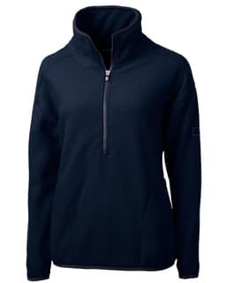 A dark navy half zip jacket made from eco-friendly Sherpa fabric, featuring a high collar and a logo on the sleeve.
