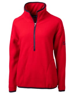 A red eco-friendly half zip jacket with a high collar and contrasting navy trim. Features a logo on the sleeve.