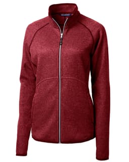 A red full zip jacket with a fitted design and zippered pockets. It features a branding logo on the garment.