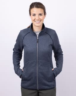 A full zip jacket in navy blue, featuring a sporty design and pockets, suitable for women's outerwear.