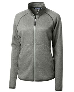 A grey full zip jacket designed for ladies, featuring a zip front and side pockets, with a logo on the chest.