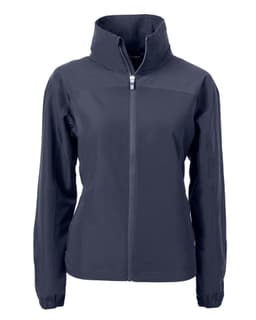 A navy women's full zip jacket featuring a high collar and long sleeves. The jacket has a small logo on it.
