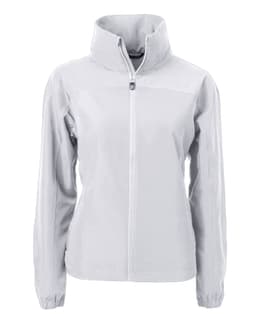 A light grey, full zip jacket for ladies with a high collar and a branded logo. Ideal for various casual occasions.