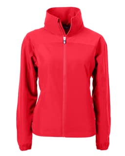 A bright red full zip jacket featuring a high collar and a logo. Suitable for women.