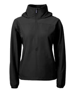 A black ladies’ anorak jacket with a hood and a front zip, featuring a logo. Ideal for rainy weather.