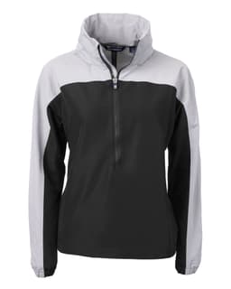 A black and grey women's anorak jacket with a half-zip and hood, featuring a logo on the chest.