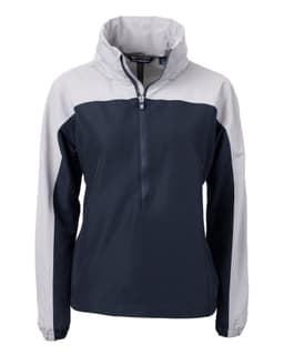 A rain jacket featuring a navy and grey colour scheme, with a half-zip and hood. It has a logo on the front.