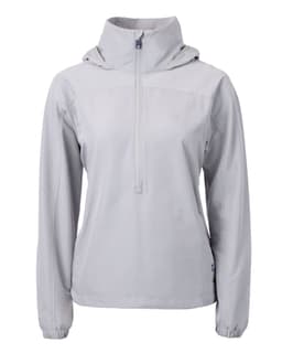 A lightweight grey women's anorak jacket featuring a hood and a front zipper. It has a small logo on the side.