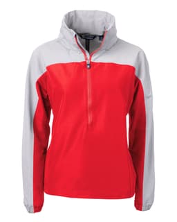 A red and grey ladies' anorak jacket with a zip and a high collar, featuring a logo on one side.