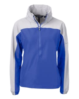 A blue and grey Ladies Charter Anorak Jacket featuring a half-zip design and a hood. It has a logo.