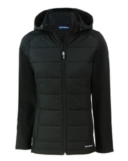 A black soft shell jacket featuring a zip-up front, hood, and a quilted body design. It has a logo on one sleeve.