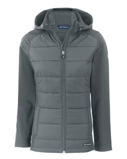 A grey eco hybrid jacket with a hood, featuring a zip front and quilted design. It includes a logo on the sleeve.