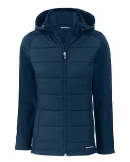 A navy blue soft shell jacket with a hood, featuring quilted front panels and a logo on the sleeve.