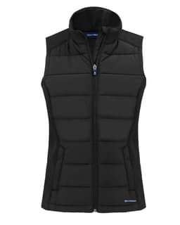 A black eco-friendly hybrid vest with a zip front and padded design, featuring a logo.