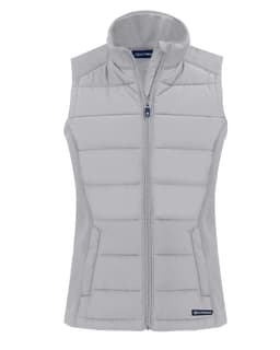 A light grey women's eco hybrid vest featuring a zip front, padded design, and a logo on the lower hem.
