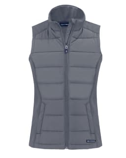 A grey eco hybrid vest with a high collar and zip front, featuring a logo on the lower side.