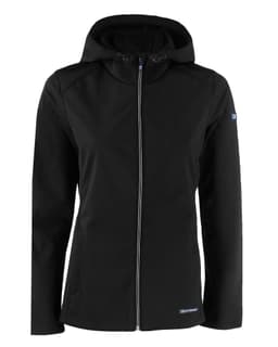 A black softshell jacket with a hood and front zip, featuring a logo.