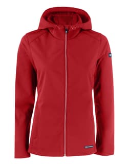 A red softshell jacket with a hood and a zip front, featuring a logo on one sleeve.
