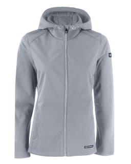 A softshell jacket in light grey with a hood, featuring a side logo and a zip front closure.